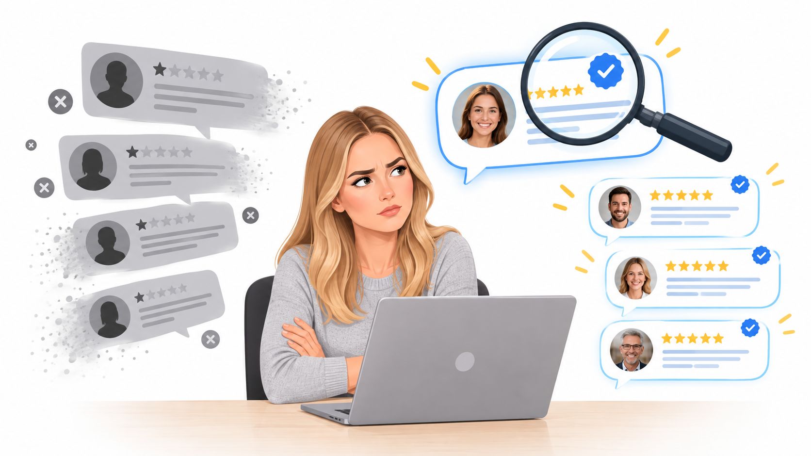 A concerned woman sits at her laptop looking at both fake grey reviews and verified positive reviews.