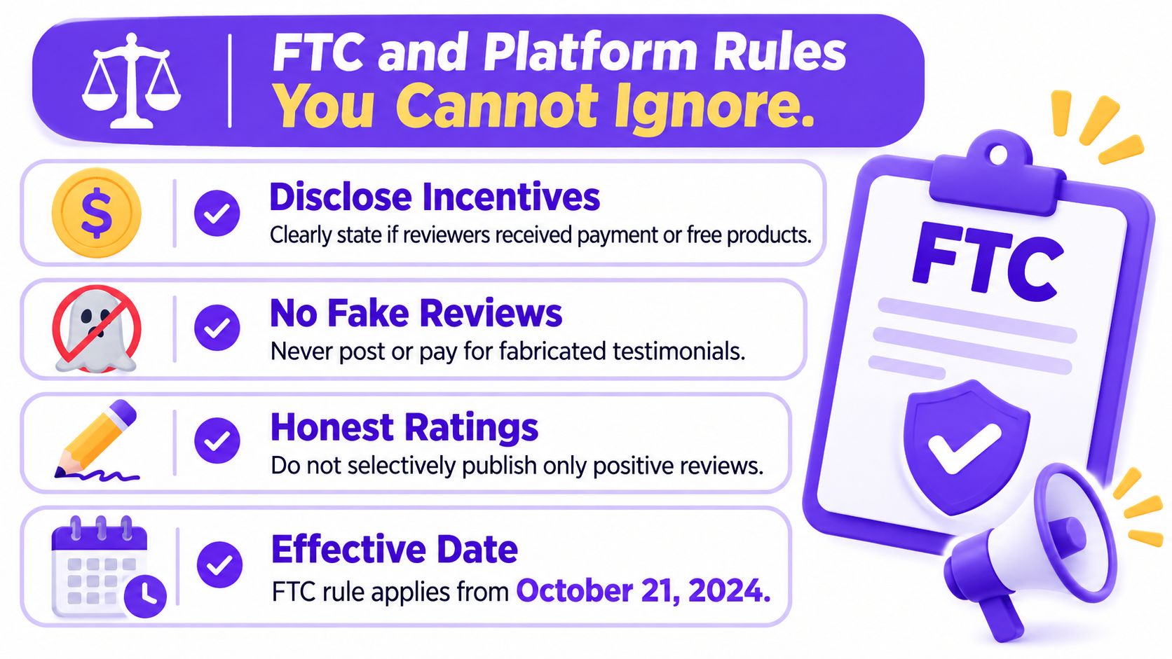 A visual guide summarizing FTC and platform regulations regarding reviews, incentives, honesty, and compliance effective dates.