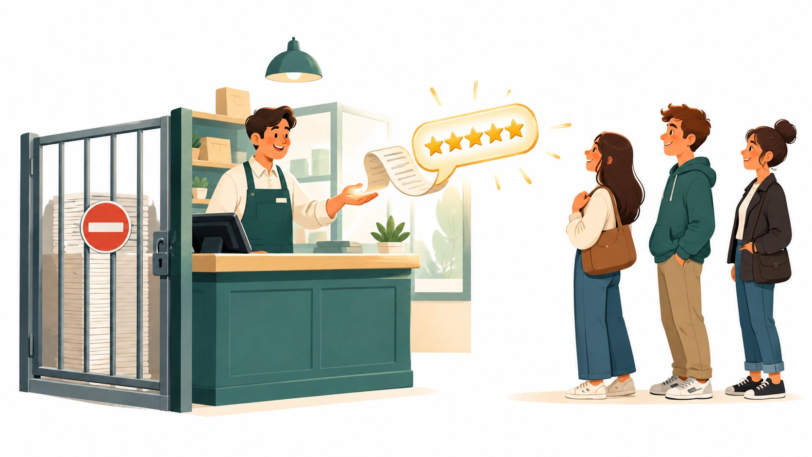 A friendly shop assistant interacting with customers, showcasing a five-star review graphic in a retail store setting.