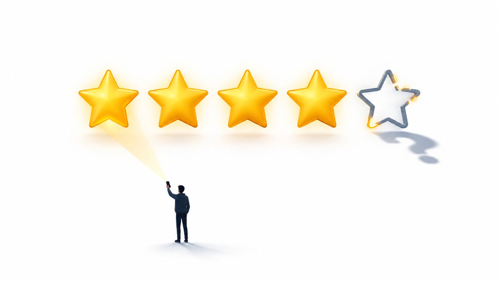A man using a smartphone to light up one of four glowing golden stars in a rating system.