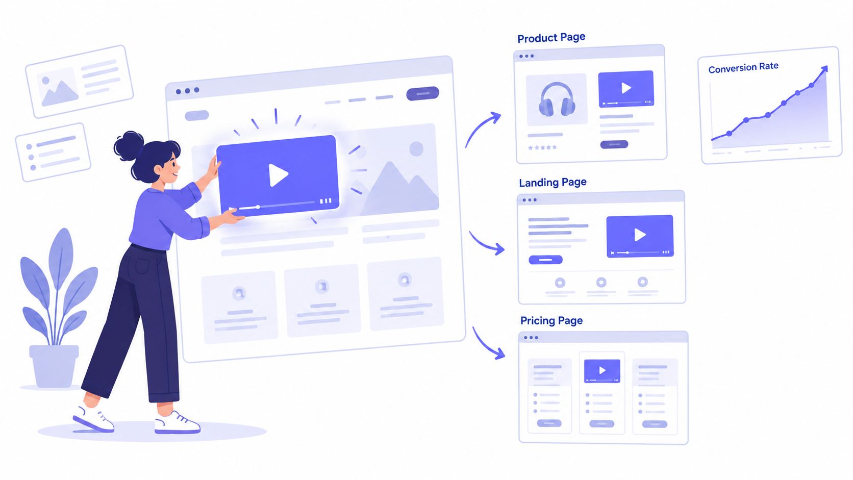 A woman integrating video content into various web pages to improve website engagement and conversion rates.