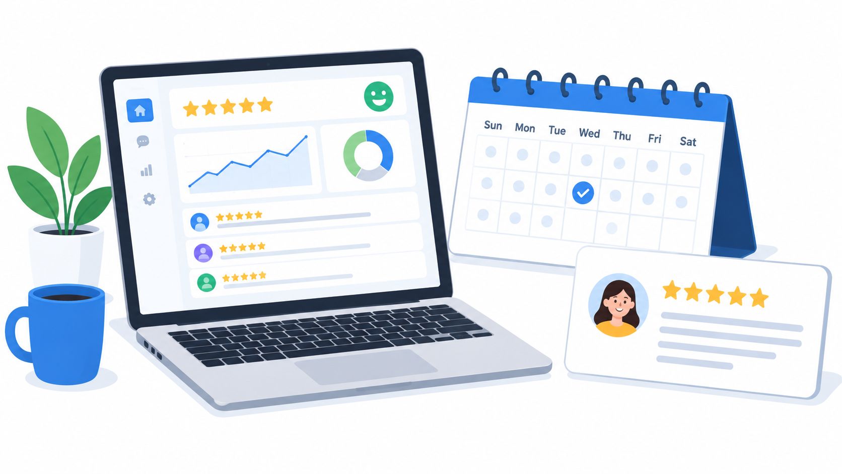 A digital illustration of a laptop displaying customer feedback charts and a calendar with a rating review.
