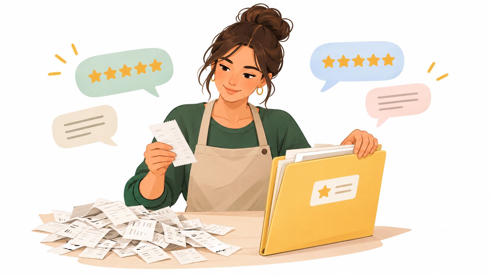 A woman wearing an apron organizing a large pile of receipts into a folder representing customer feedback