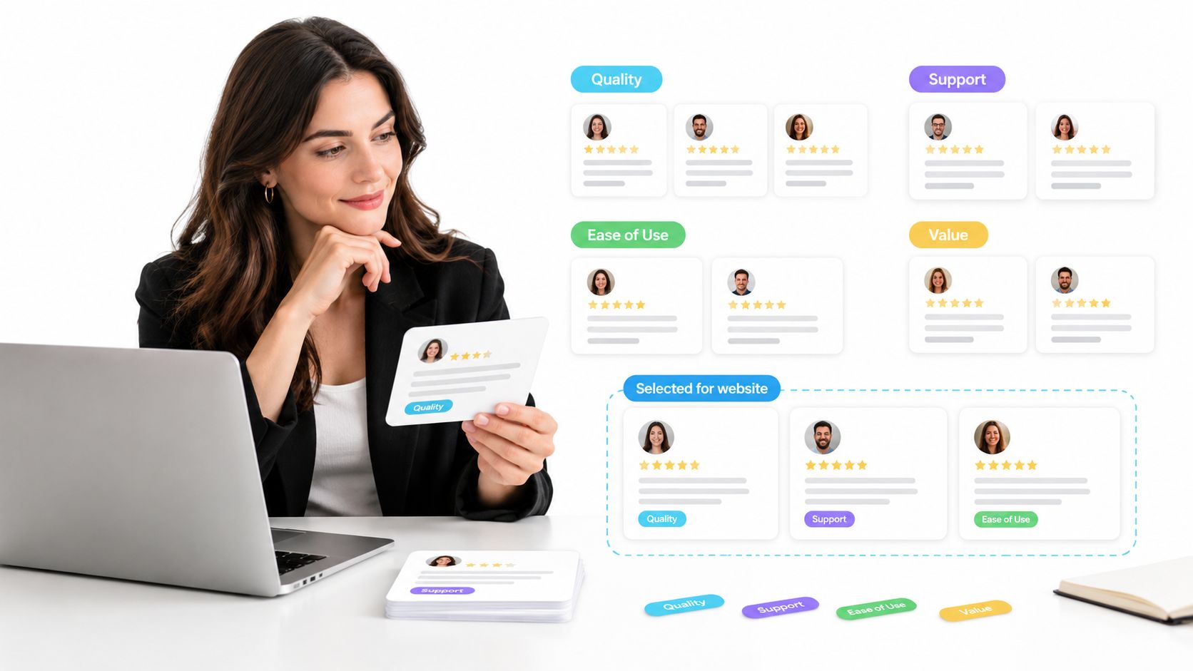 A professional woman organizing customer feedback reviews on her laptop to select the best testimonials for her website.