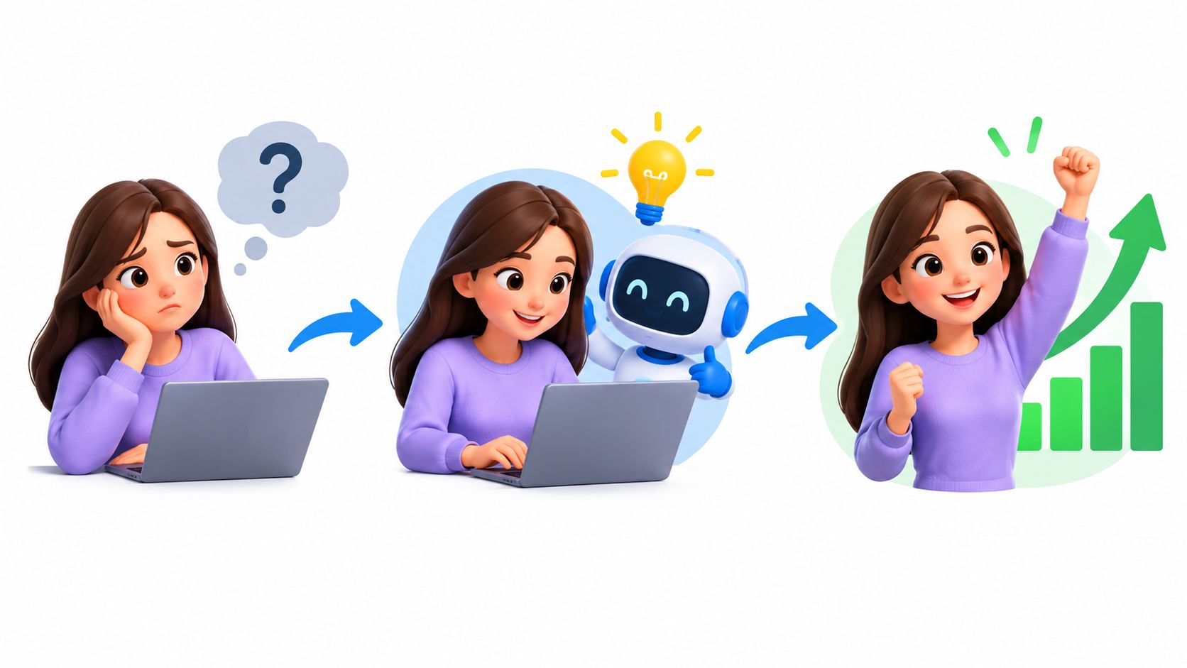 A 3D illustration showing a woman progressing from confusion to success with AI assistance on a laptop.