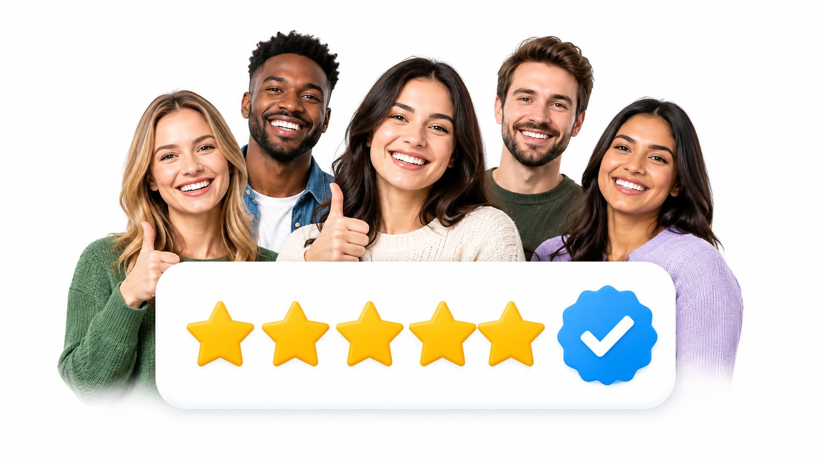 A diverse group of five smiling people behind a white sign displaying five stars and a checkmark.