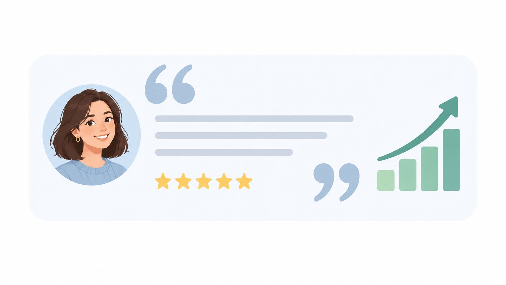 A testimonial graphic featuring a woman's portrait, five star ratings, and a rising growth chart icon.