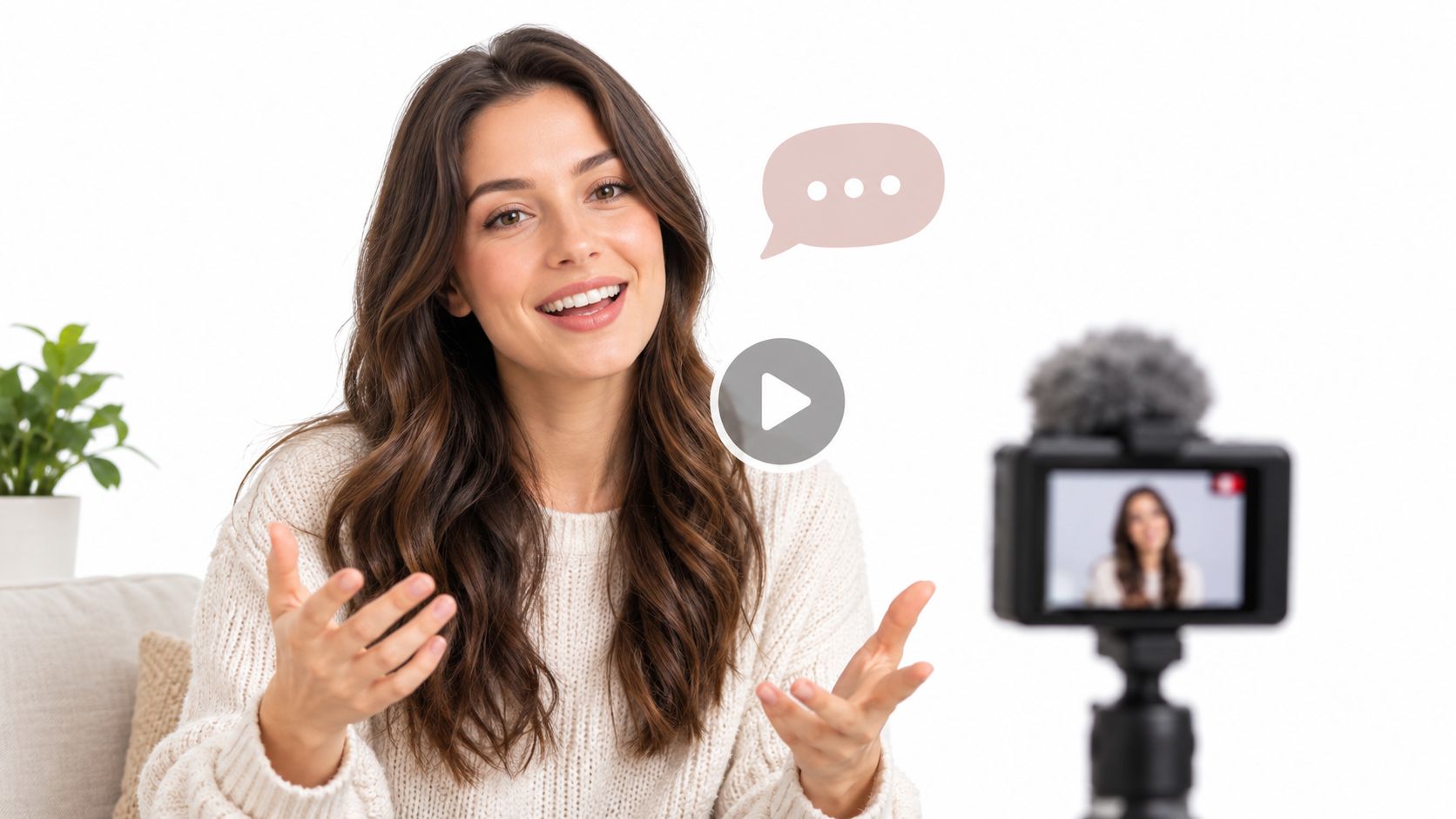 A friendly female influencer recording a video for her channel while sitting in front of a camera.