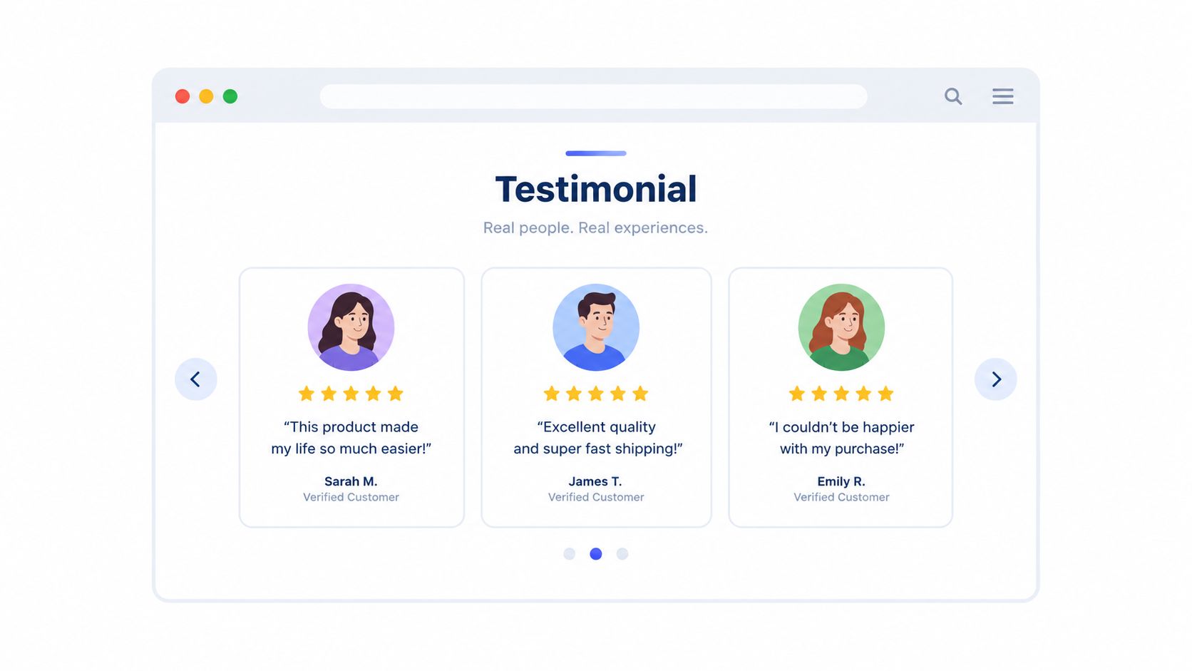 A digital mockup showcasing customer testimonials with user avatars, star ratings, and review quotes in a carousel.