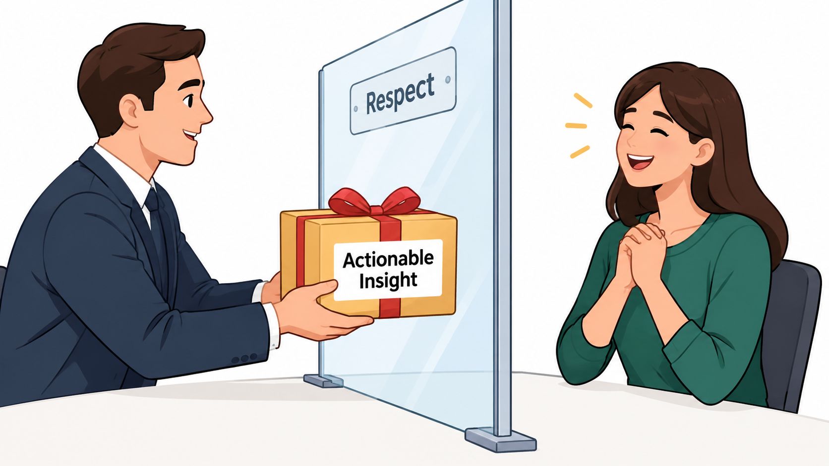 A professional man handing a gift box labeled Actionable Insight to a happy woman across a glass partition.