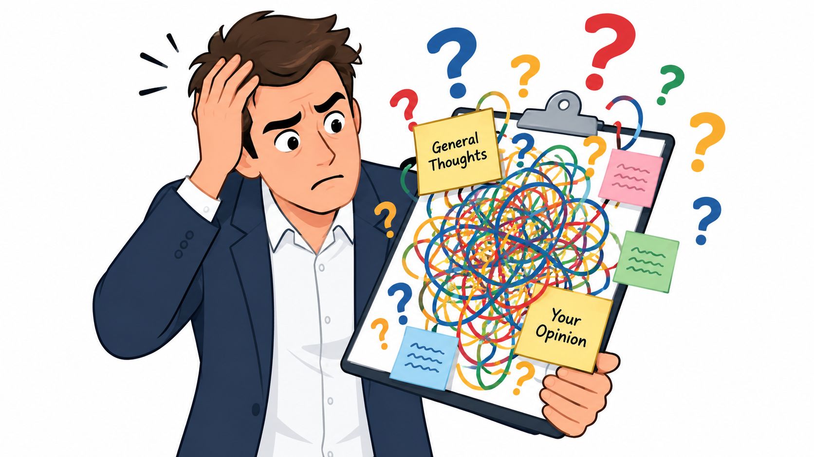A confused businessman holds a clipboard filled with a tangled mess of colorful lines and question marks.