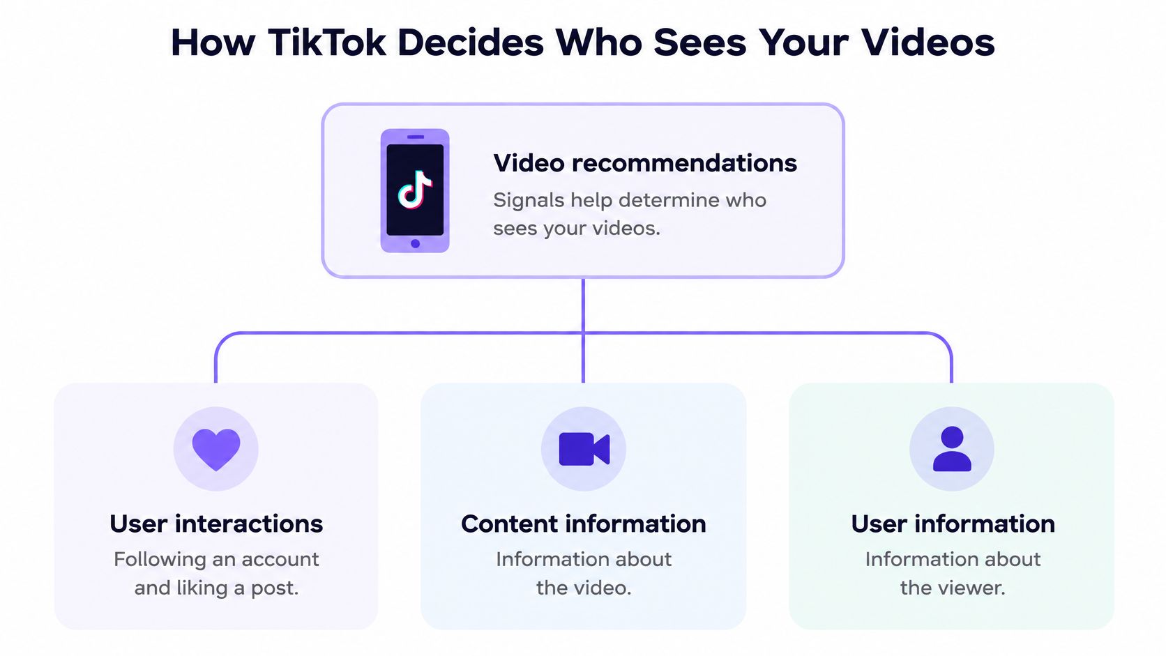 A diagram explaining how the TikTok algorithm uses user interactions, content information, and user data for recommendations.