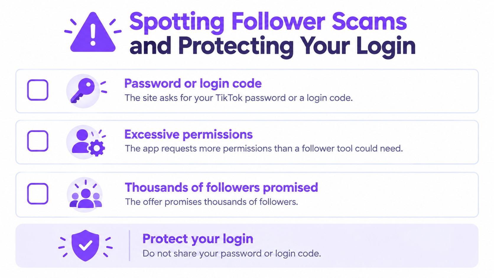 An infographic titled Spotting Follower Scams and Protecting Your Login, detailing signs of TikTok follower scams.