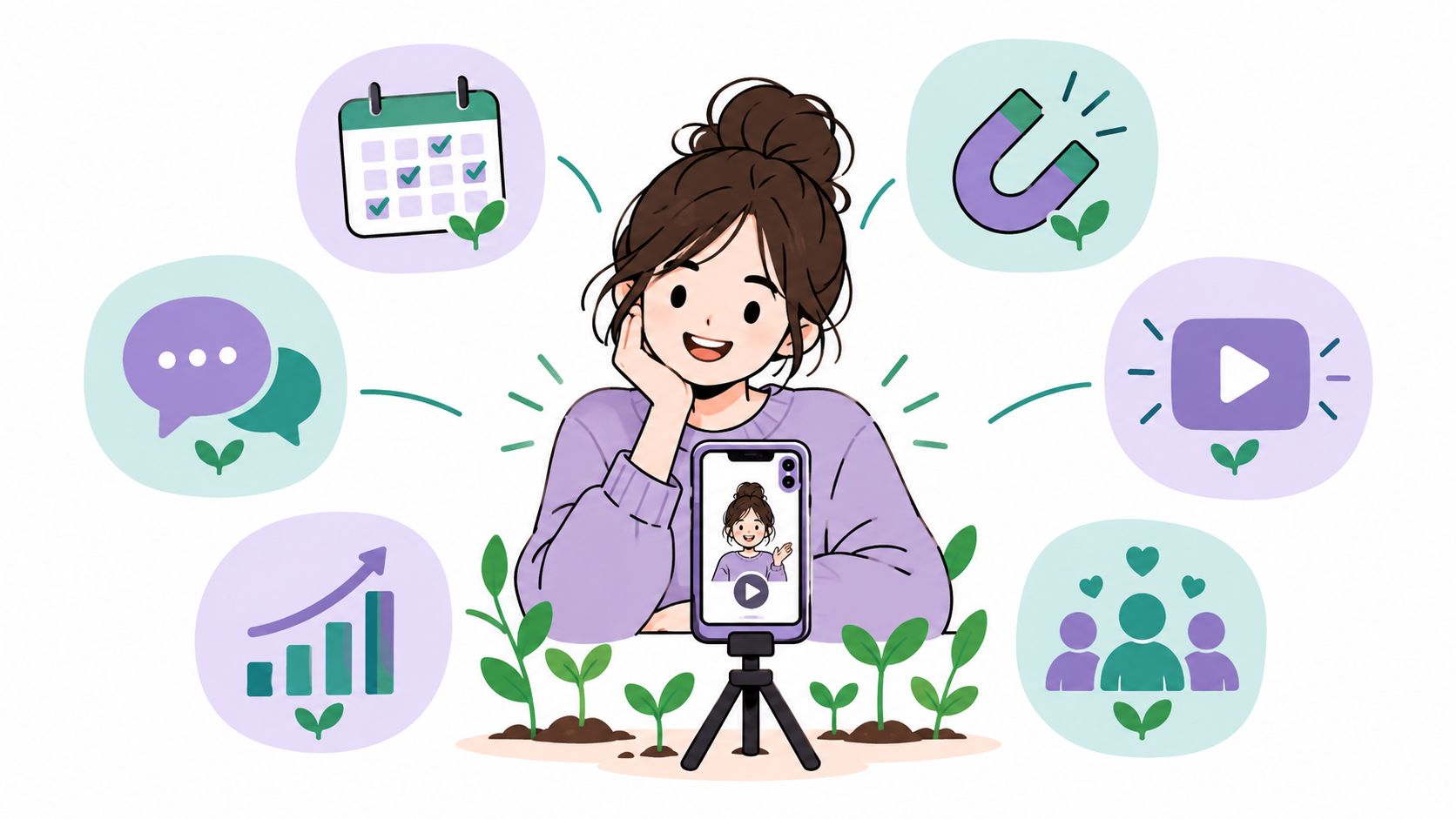 A young woman recording a video for social media surrounded by digital marketing growth icons.