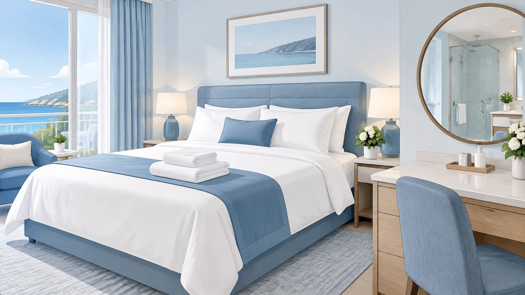 A luxurious and bright hotel bedroom featuring coastal decor with a blue theme and a beautiful sea view.