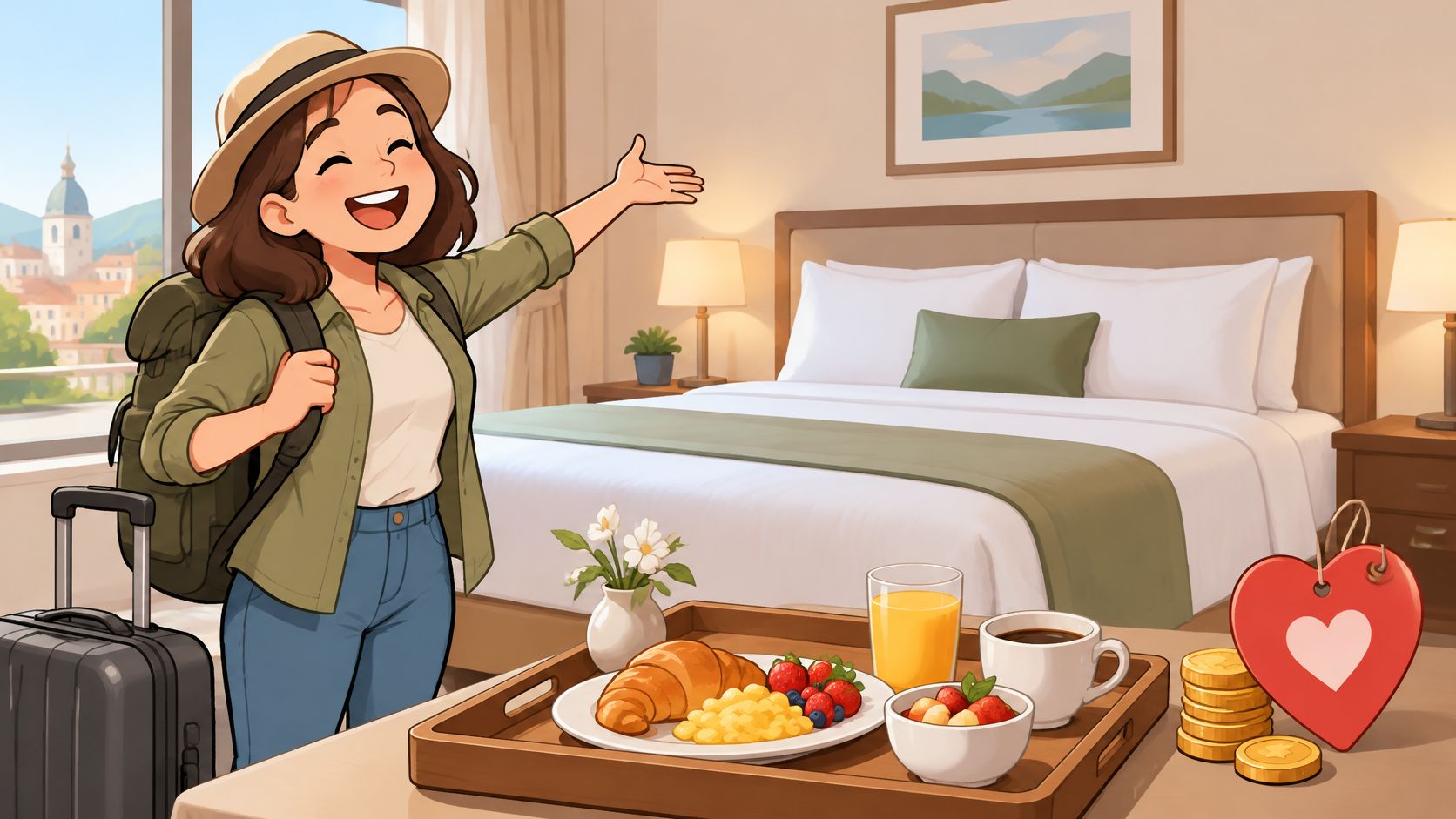 A happy traveler in a hotel room with a tray of breakfast and a heart decoration.