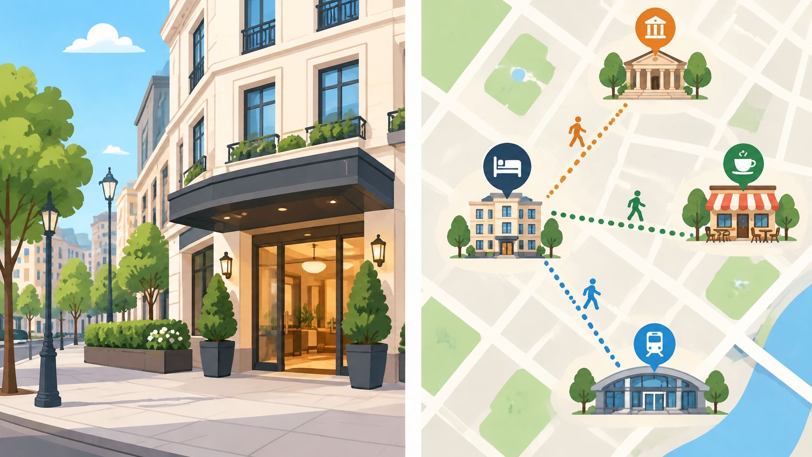 A split image showing a beautiful modern hotel entrance on the left and a city map on the right.