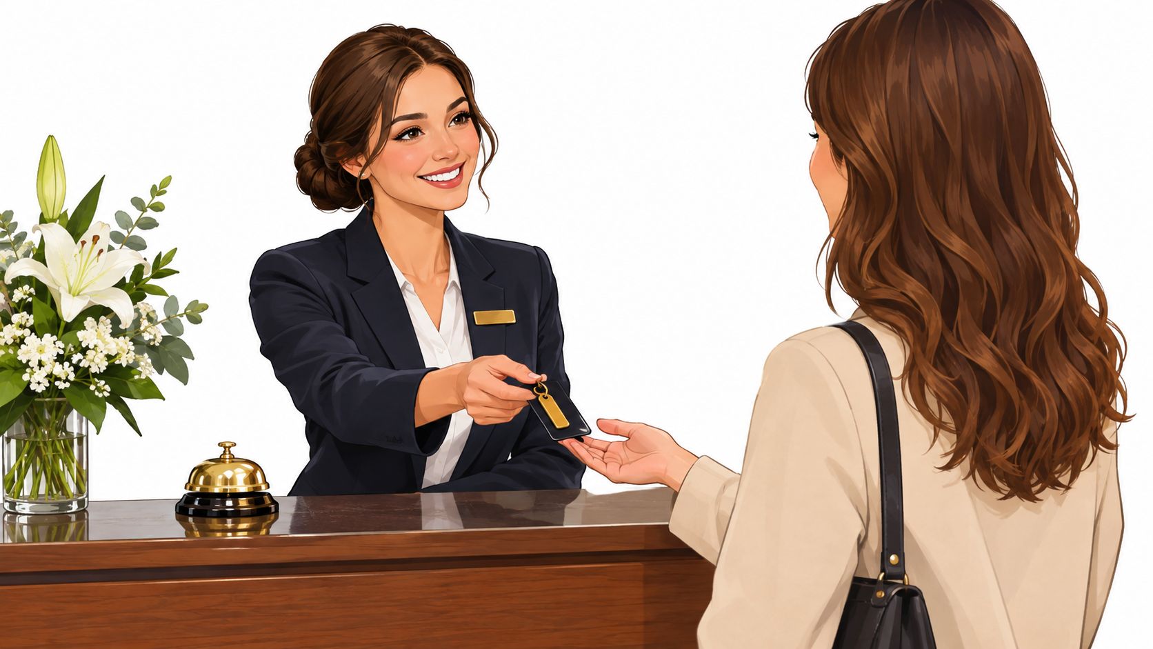 A friendly hotel receptionist smiling while handing a room key to a guest at the front desk.