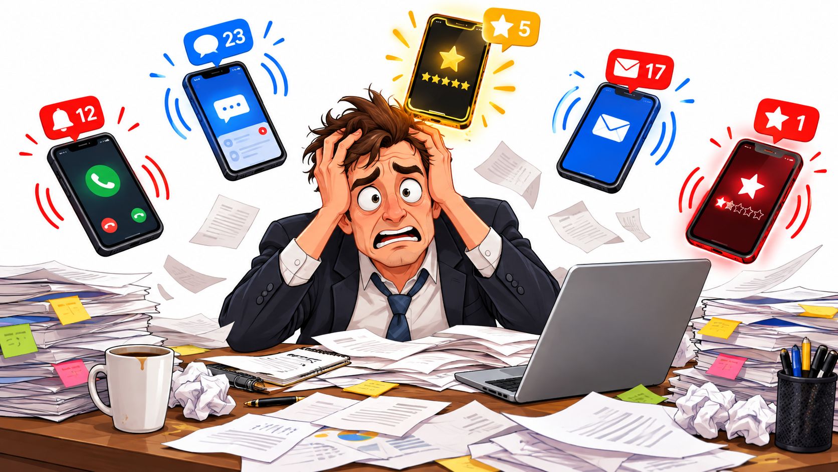 A stressed businessman overwhelmed by digital notifications, emails, calls, and customer feedback on multiple devices.
