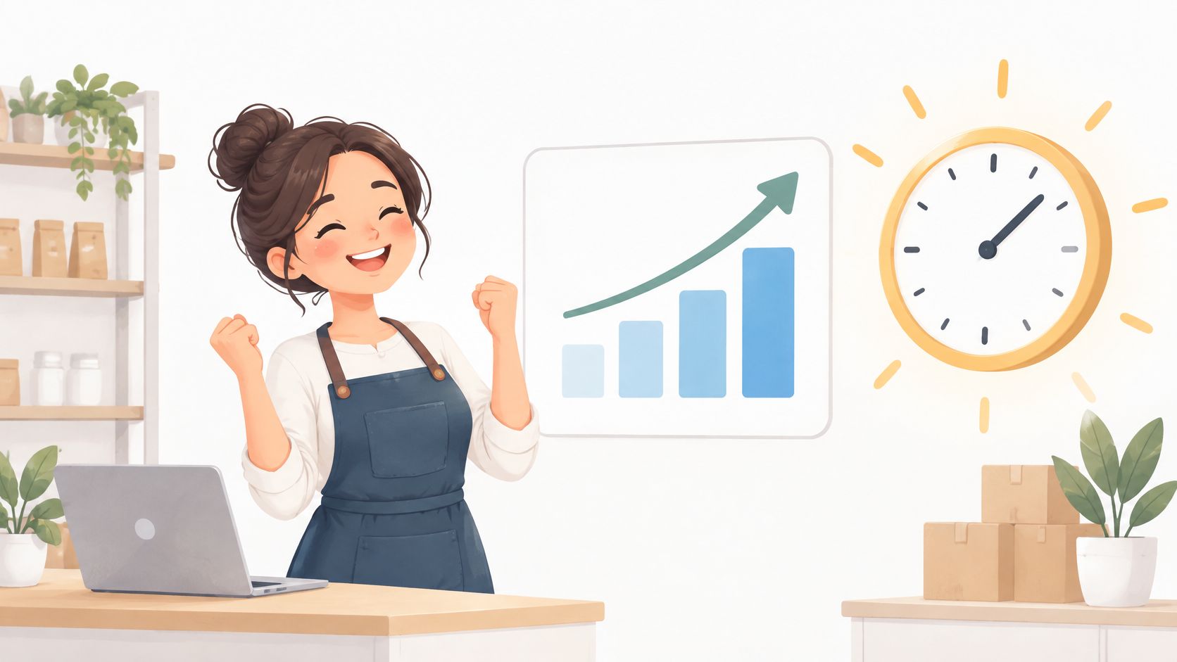 A cheerful shop owner celebrating business growth in front of a computer, chart, and clock.