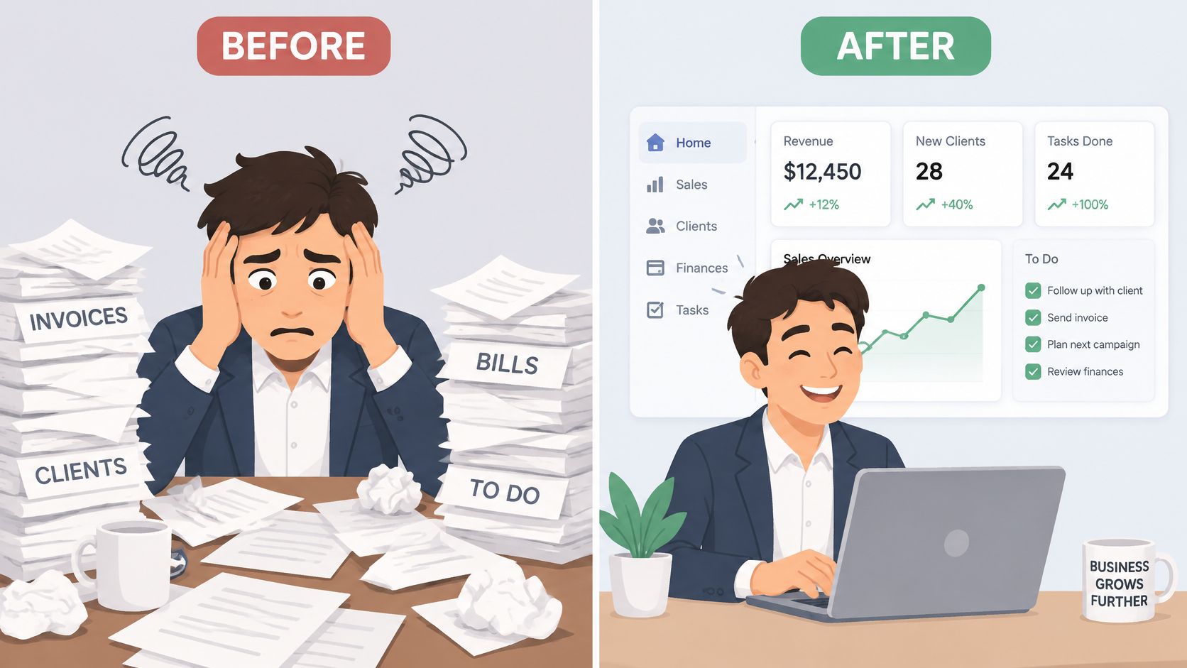 A split image showing a stressed businessman with paperwork before using software and an organized happy professional after.