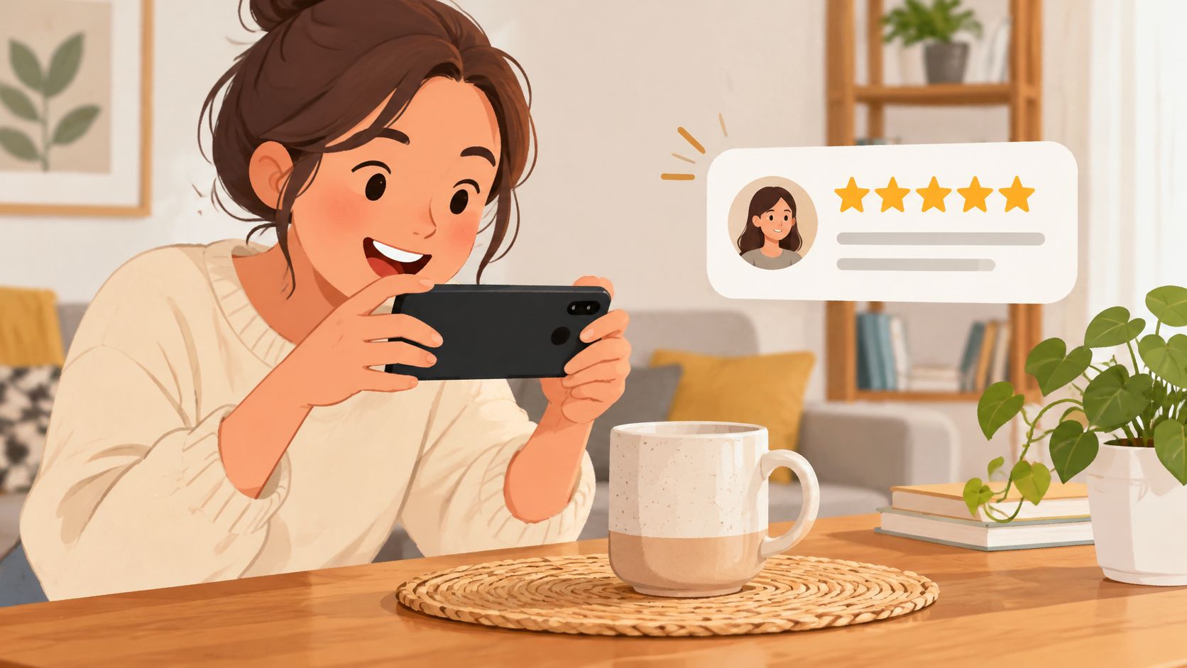 A happy young woman holding a smartphone and looking at a positive five-star customer review rating illustration.