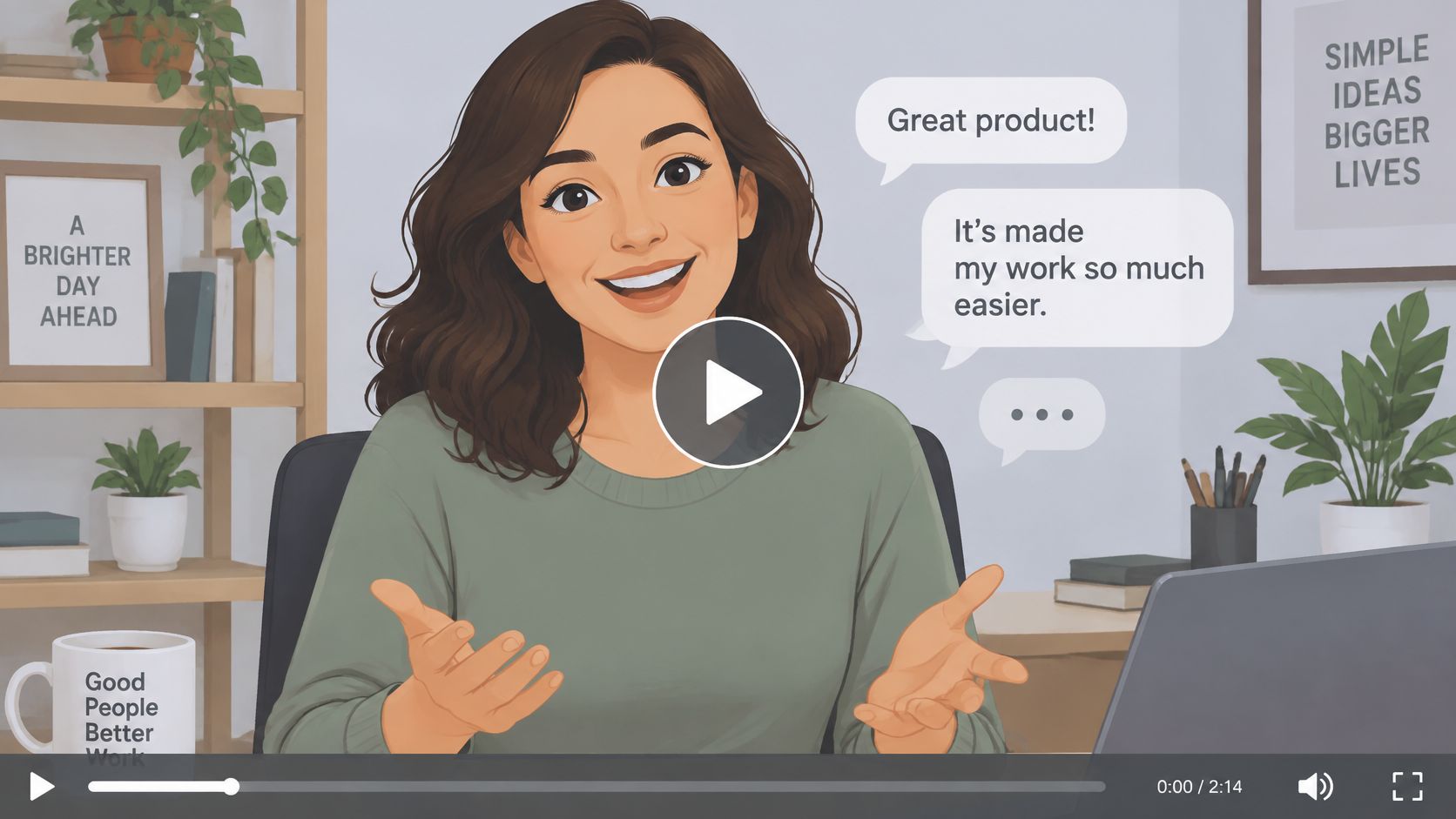 A friendly woman in a home office presenting positive customer feedback bubbles on a video call.