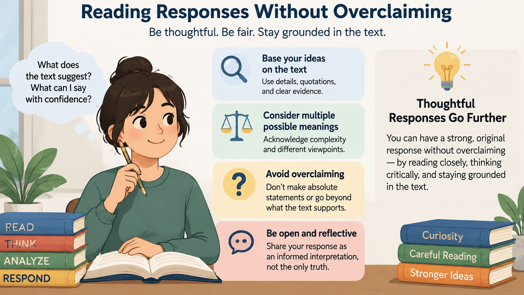 A woman reads a book while learning tips on writing analytical responses without overclaiming the text.