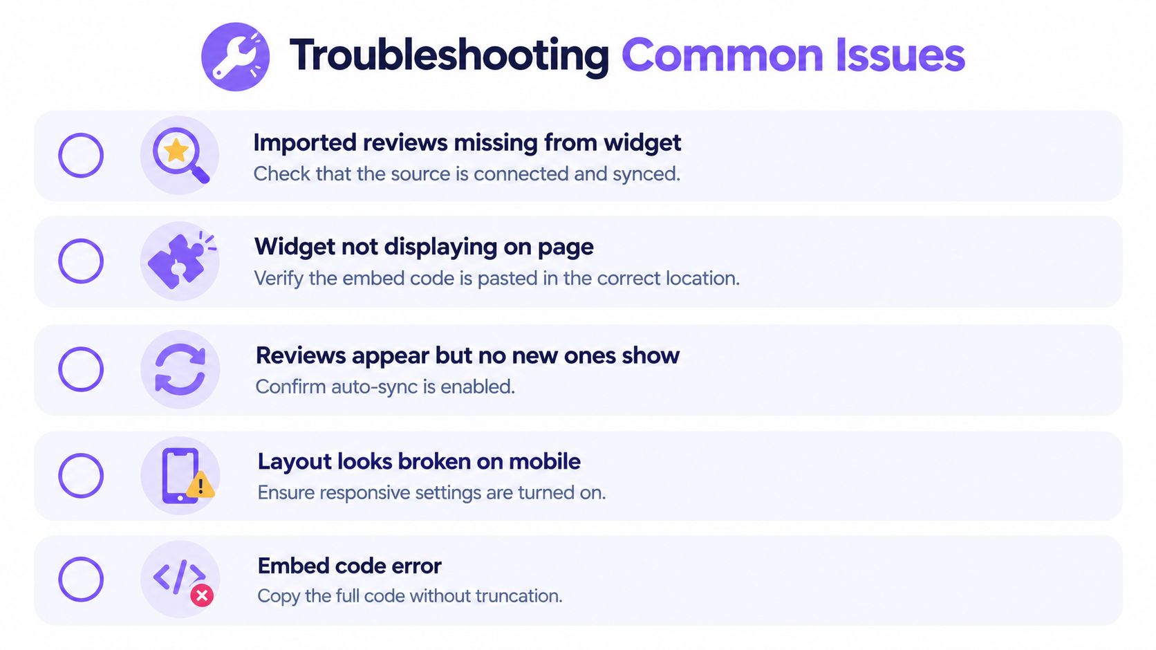 A list of five common technical troubleshooting steps for managing website review widgets and their display issues.