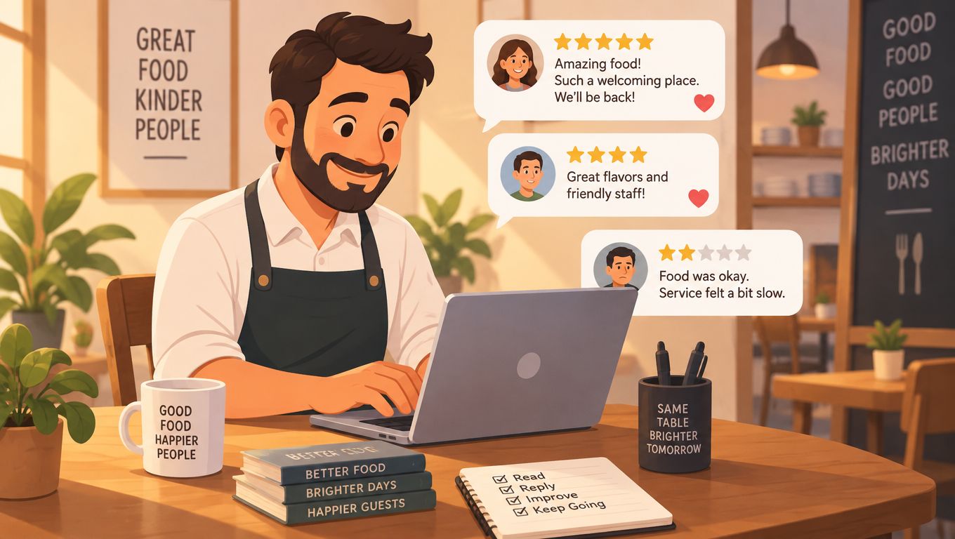 A restaurant owner smiles while reading and responding to customer reviews on a laptop at a table.