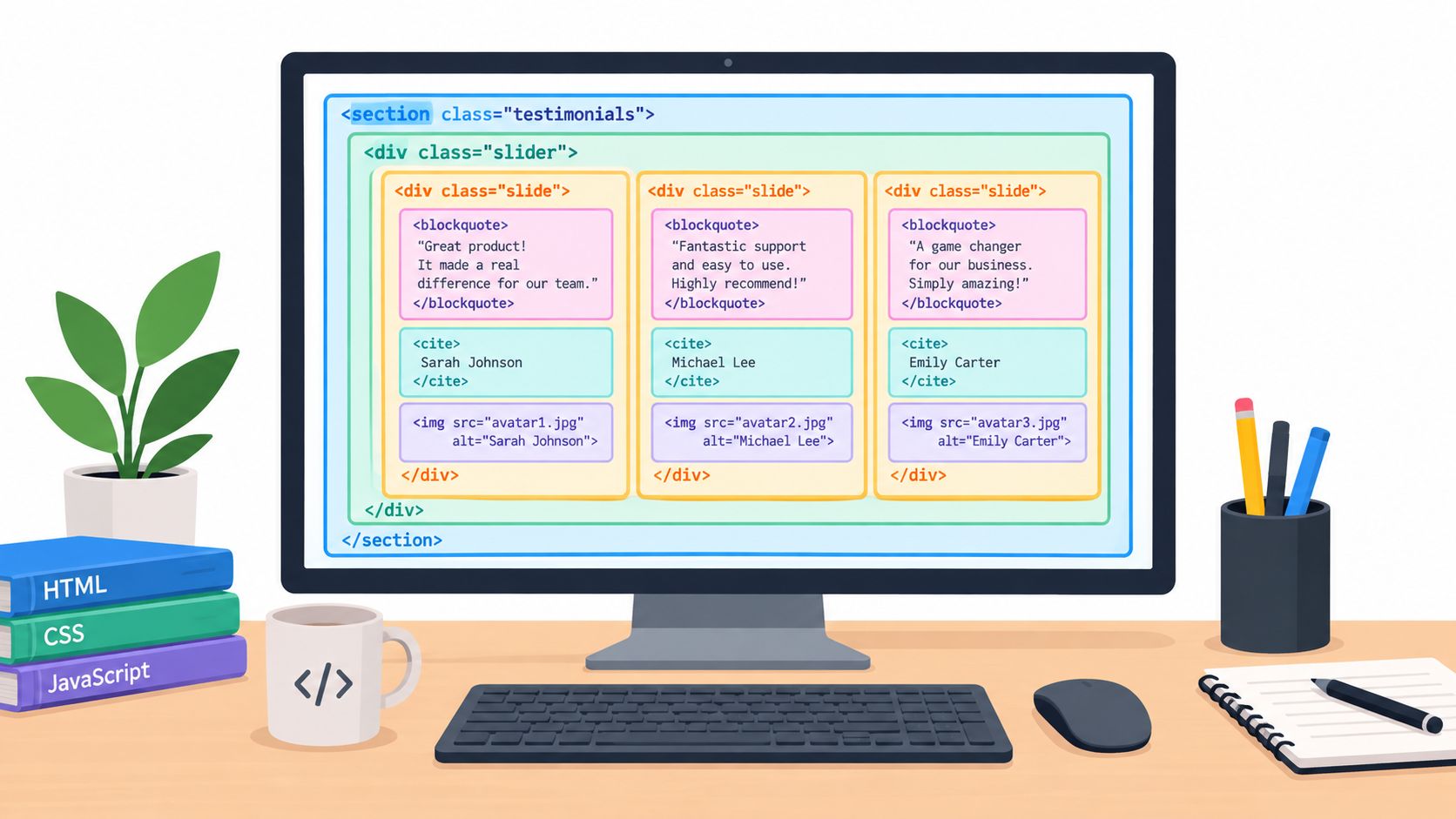 A computer monitor displaying HTML code for a website testimonial slider on a desk with office supplies.