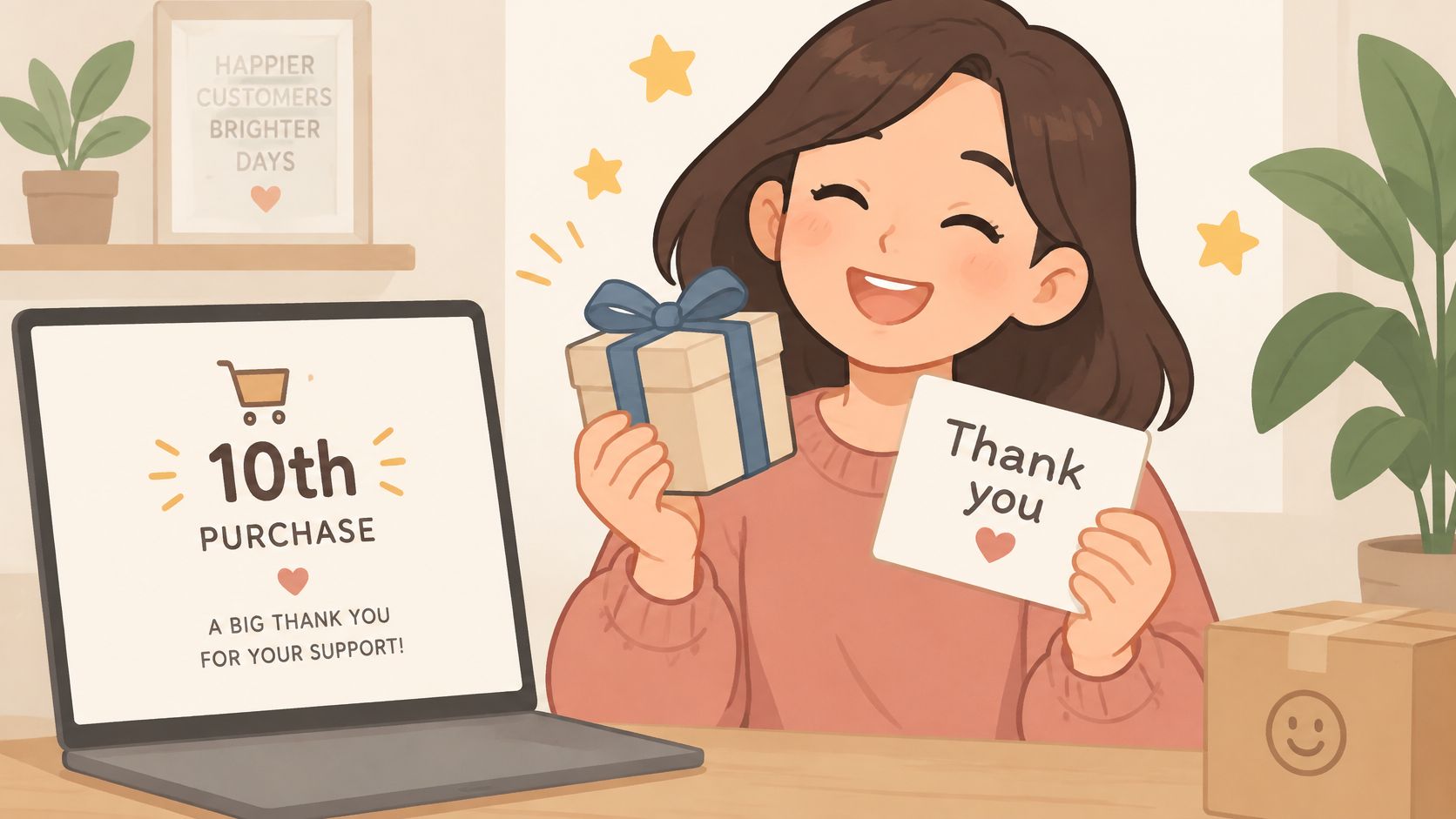A happy woman holding a gift and a thank you card next to a laptop displaying purchase achievement.