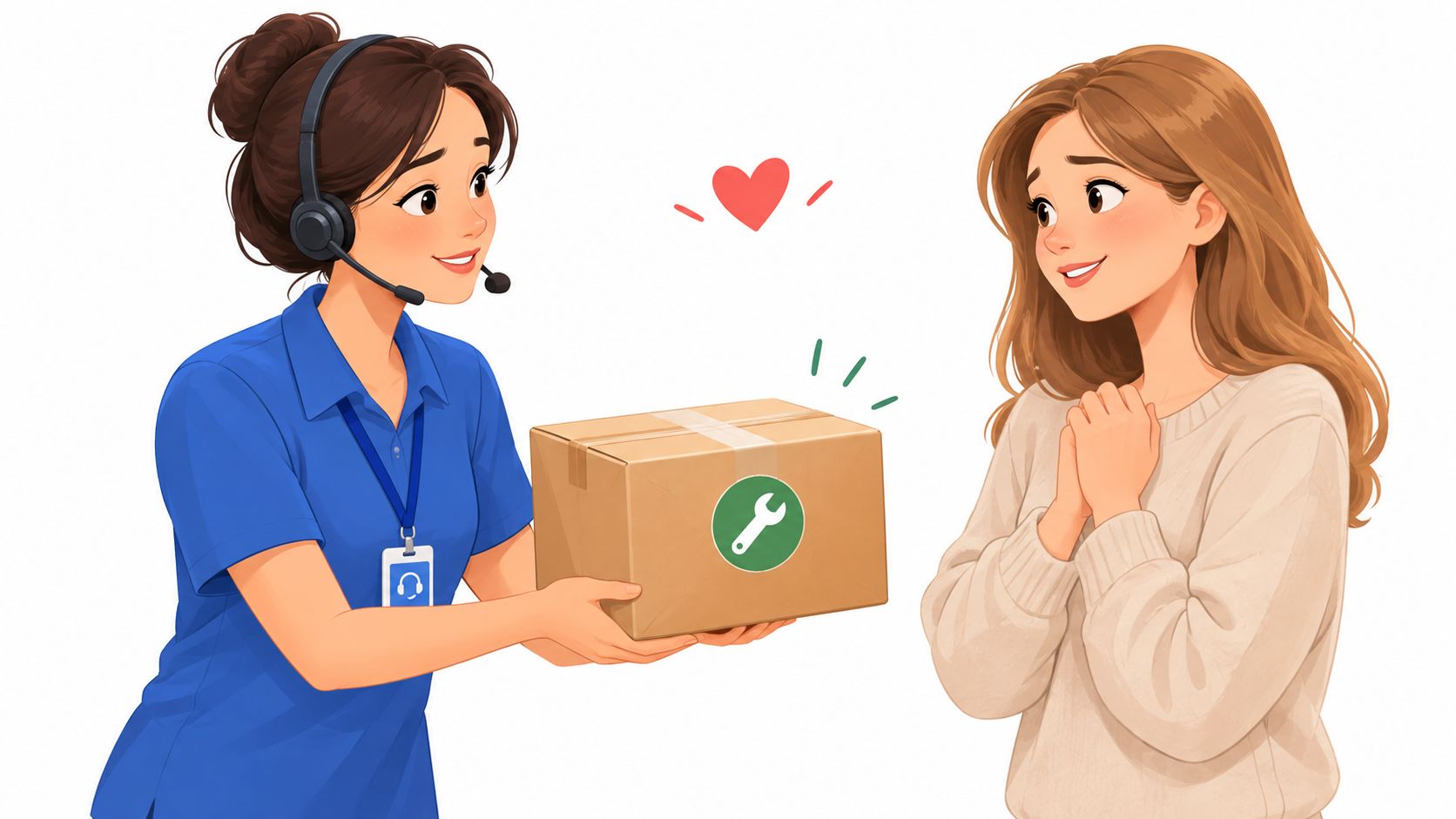 A friendly customer service representative handing a cardboard package to a happy woman, illustrating customer appreciation.