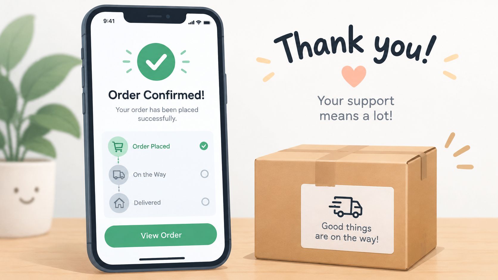A smartphone displaying an order confirmation screen next to a cardboard shipping package with a thank you message.