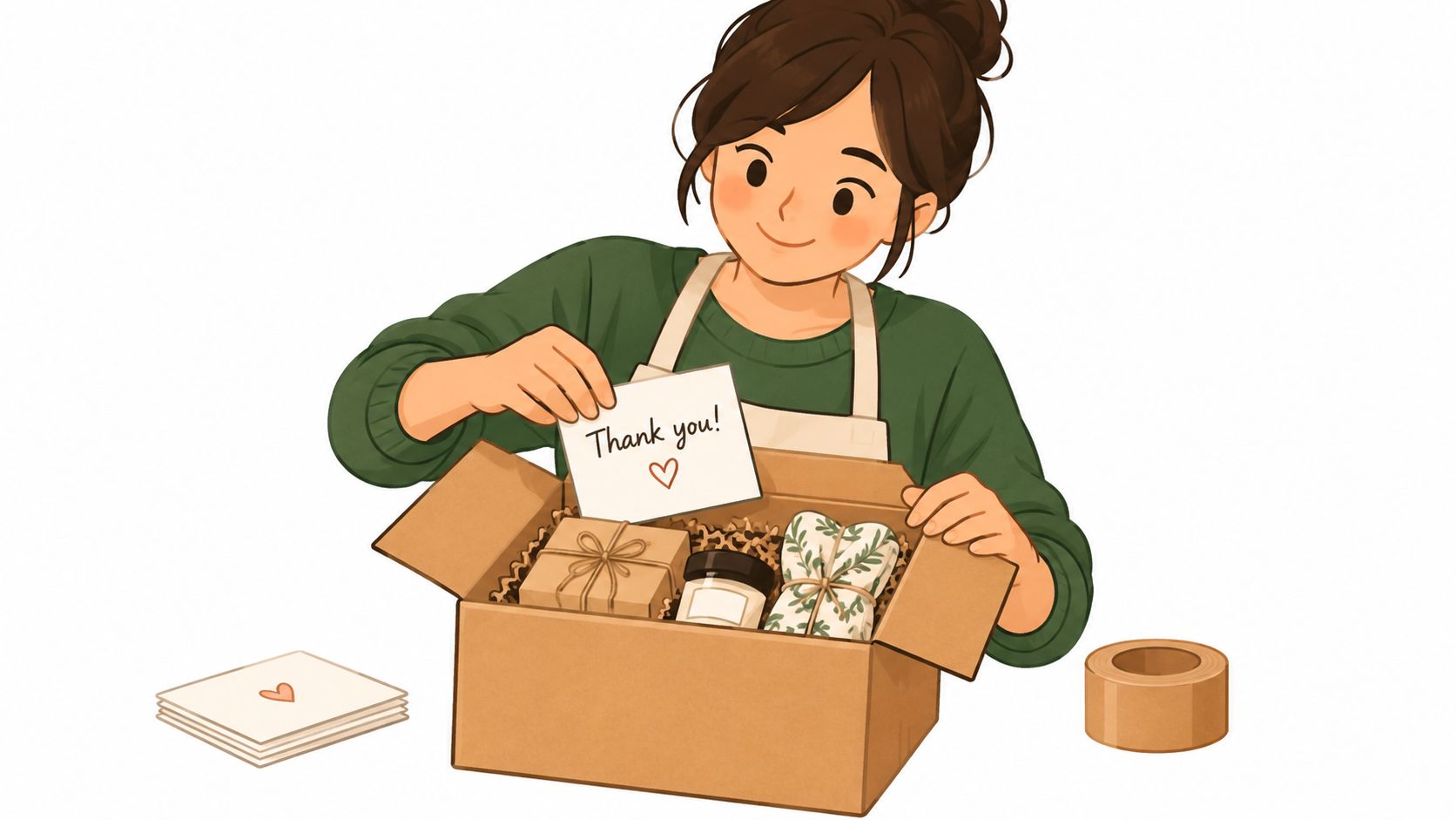 A woman in a green sweater placing a thank you note into a packed cardboard gift box.