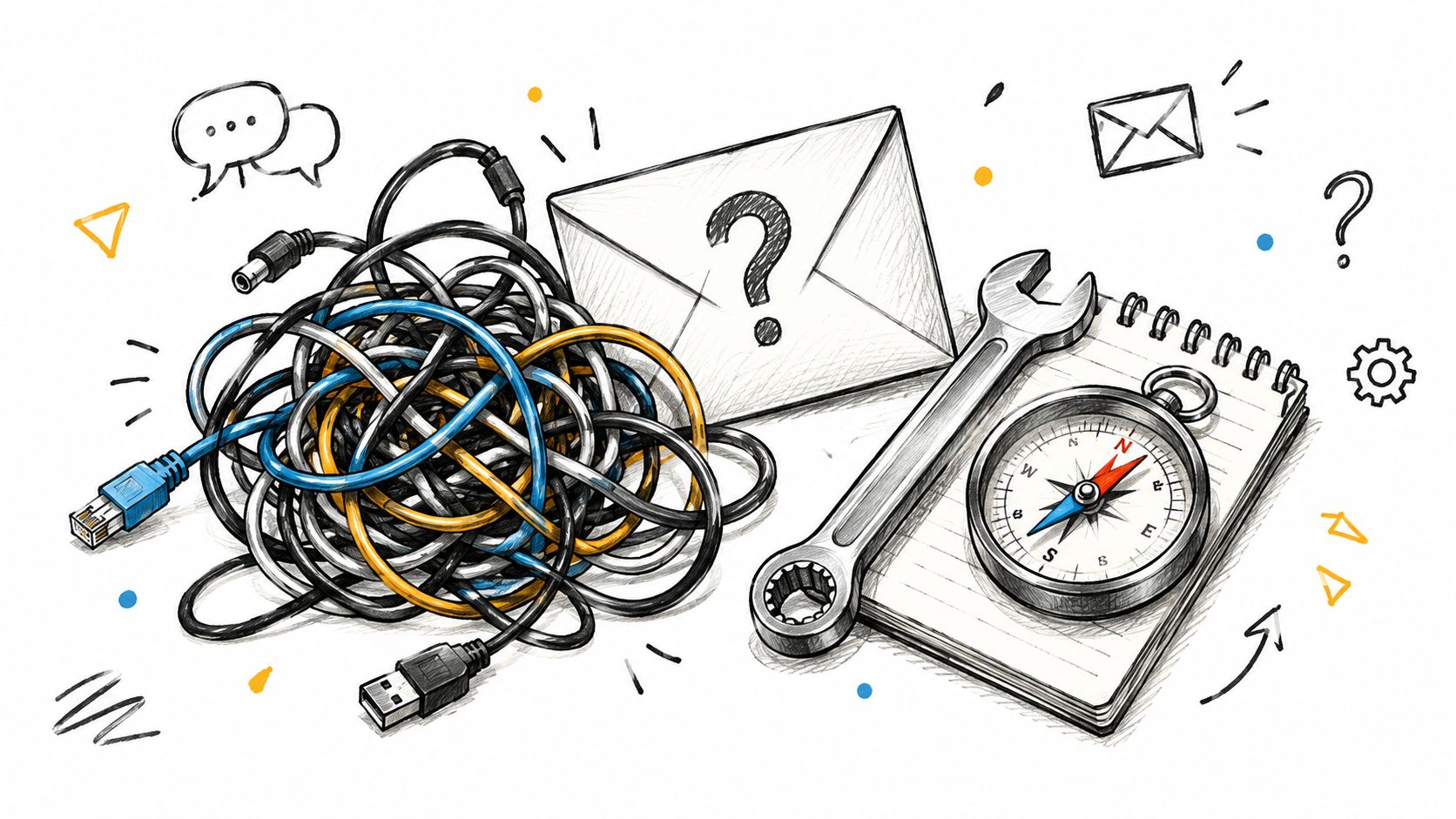 A conceptual illustration featuring a tangled mess of cables, a question mark on an envelope, a wrench, and a compass.